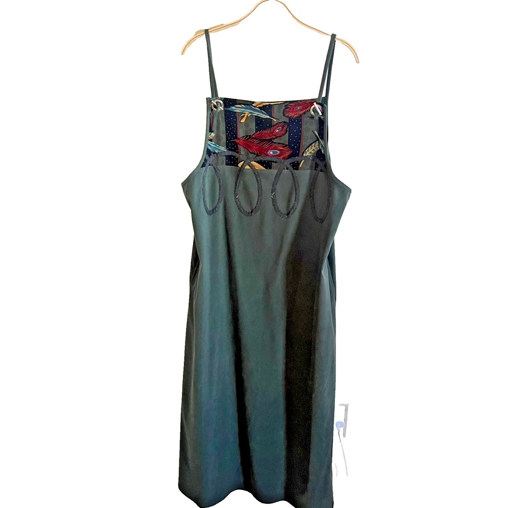 Vtg Koos Of Course Green Velvet Jumper Dress Feather Detail Women Sz‎ Large Boho